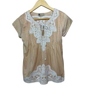 GOPI VAID Women’s Beaded & Embroidered Pleated Short Sleeve Top Tan Size Small